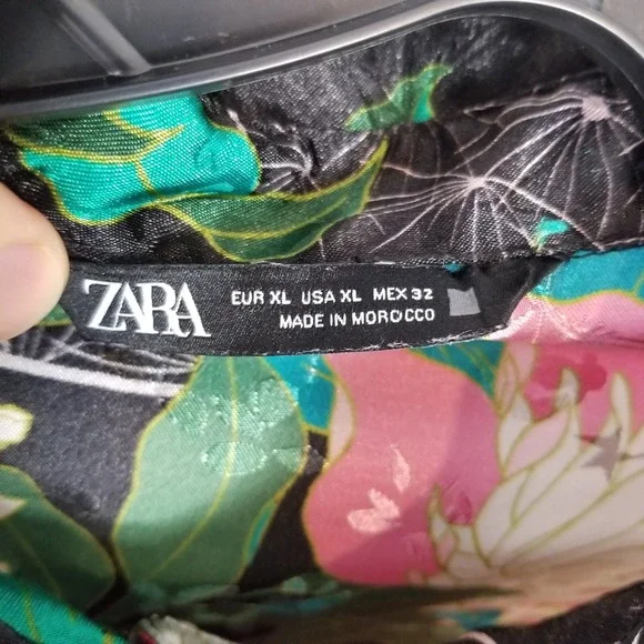 Zara XL Womens Crane Floral Print Satin Blouse Pearl Button Long Sleeve Shirt - Picture 3 of 7